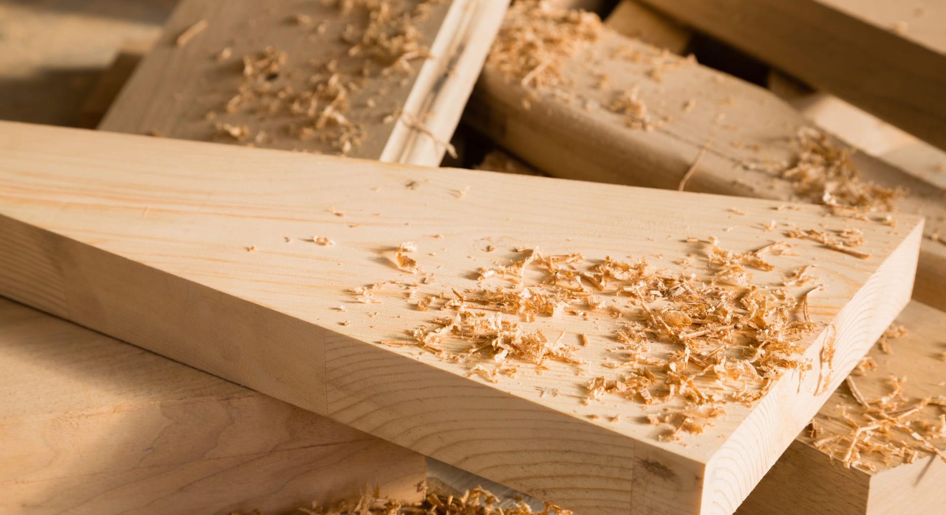 Eine Ansammlung von Holzklötzen, umgeben von Holzspänen